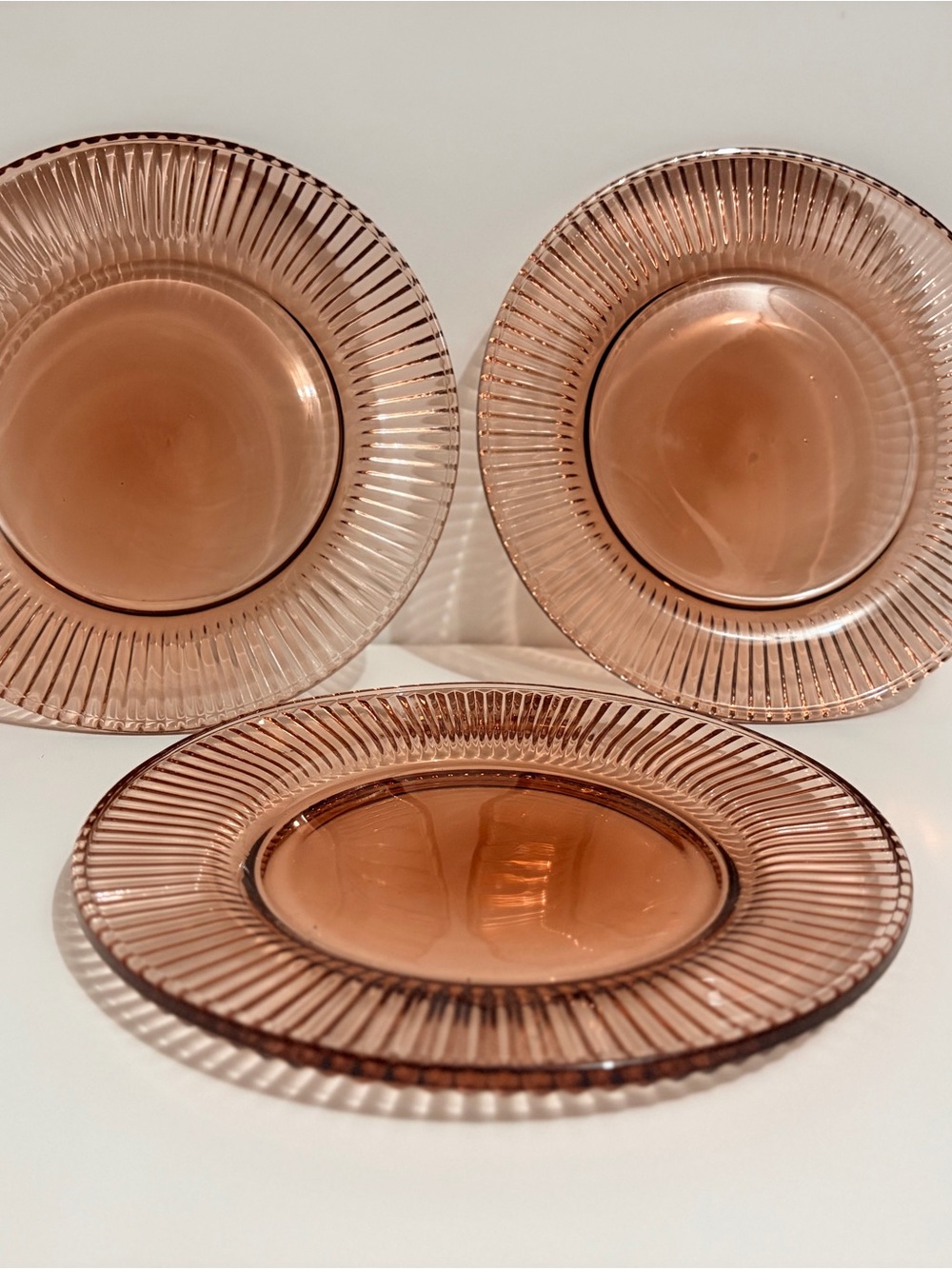 Anchor Hocking Rose Pink Ribbed Glass Dinner Plates - Set of 3